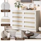 8 Drawer Dresser with Rattan Front, Wood Chest of Drawers for Bedroom