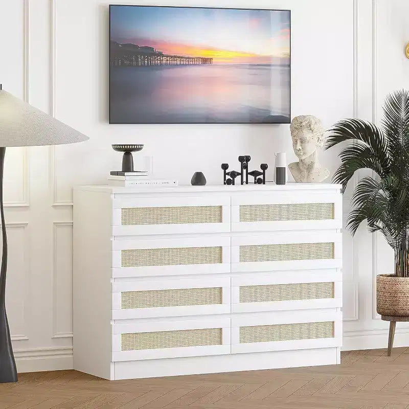 8 Drawer Dresser with Rattan Front, Wood Chest of Drawers for Bedroom