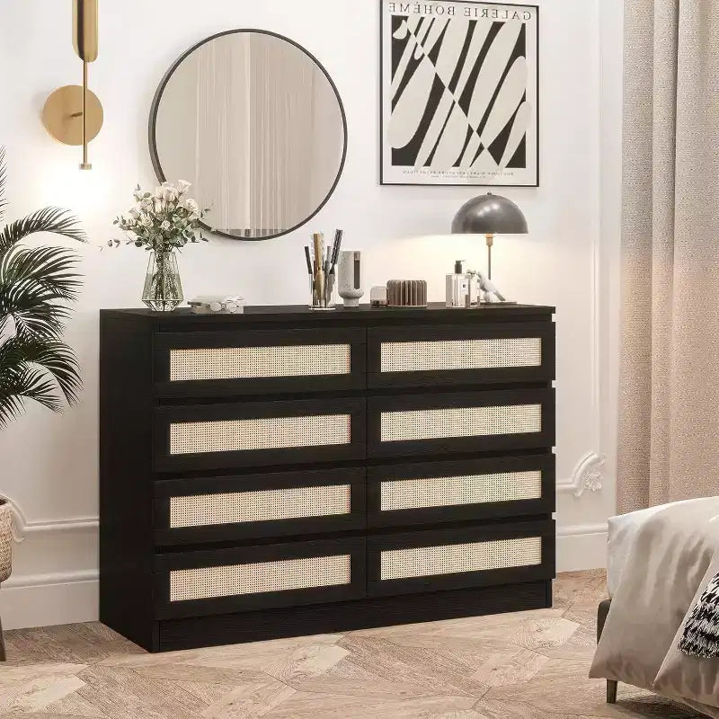 8 Drawer Dresser with Rattan Front, Wood Chest of Drawers for Bedroom