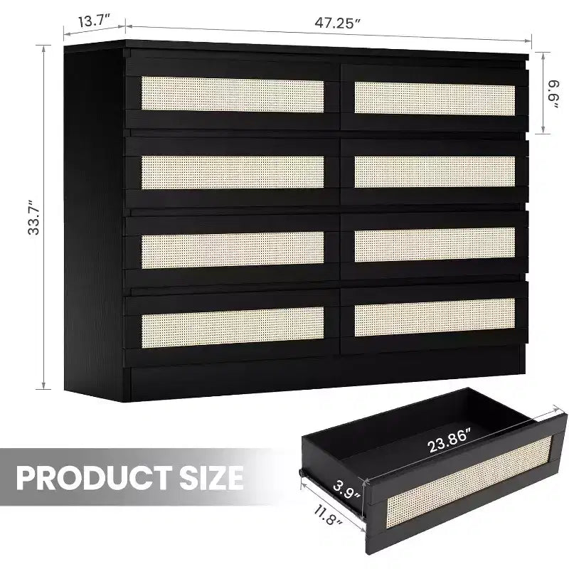 8 Drawer Dresser with Rattan Front, Wood Chest of Drawers for Bedroom