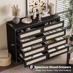 8 Drawer Dresser with Rattan Front, Wood Chest of Drawers for Bedroom