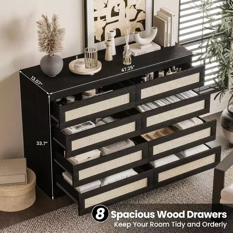 8 Drawer Dresser with Rattan Front, Wood Chest of Drawers for Bedroom
