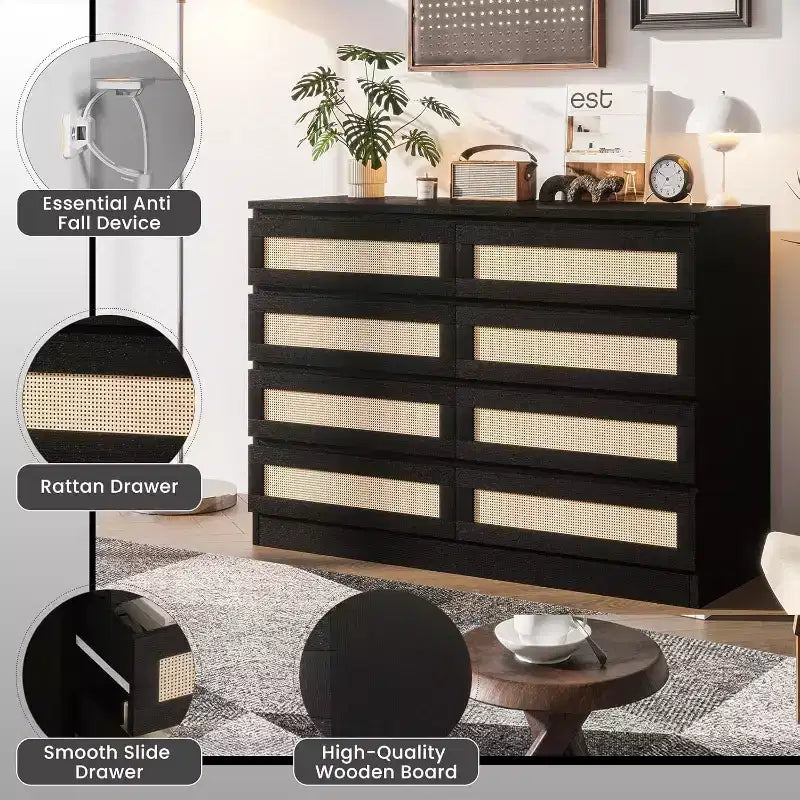 8 Drawer Dresser with Rattan Front, Wood Chest of Drawers for Bedroom