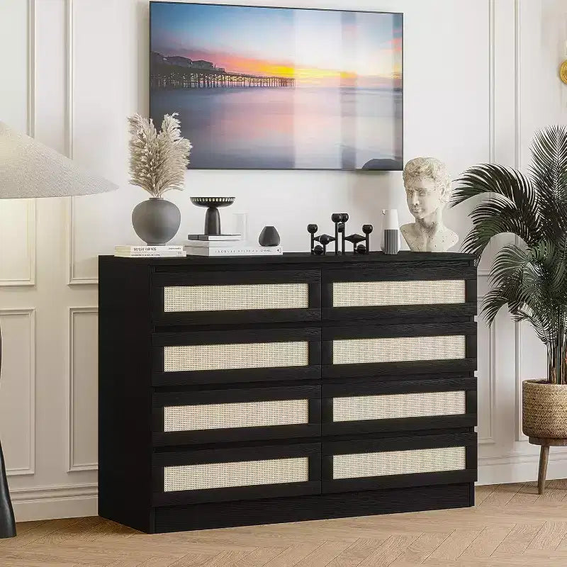 8 Drawer Dresser with Rattan Front, Wood Chest of Drawers for Bedroom