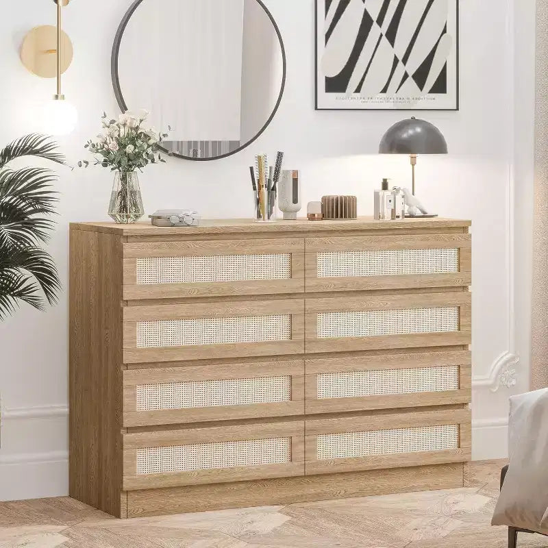 8 Drawer Dresser with Rattan Front, Wood Chest of Drawers for Bedroom