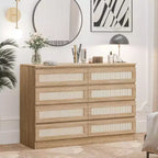 8 Drawer Dresser with Rattan Front, Wood Chest of Drawers for Bedroom