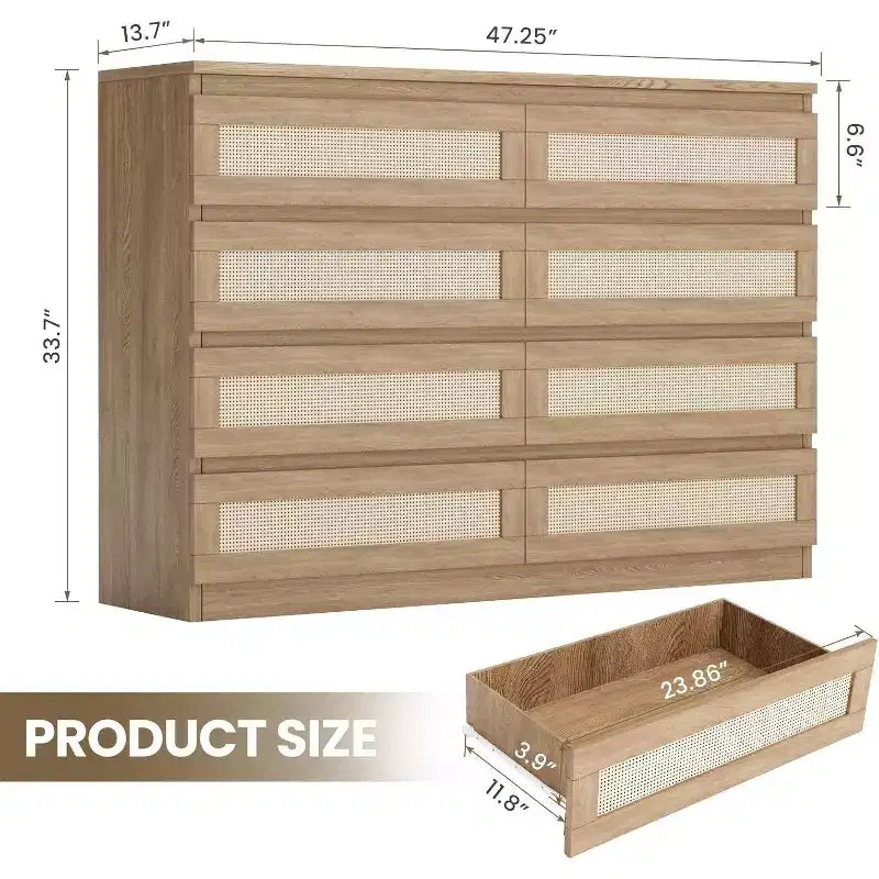 8 Drawer Dresser with Rattan Front, Wood Chest of Drawers for Bedroom