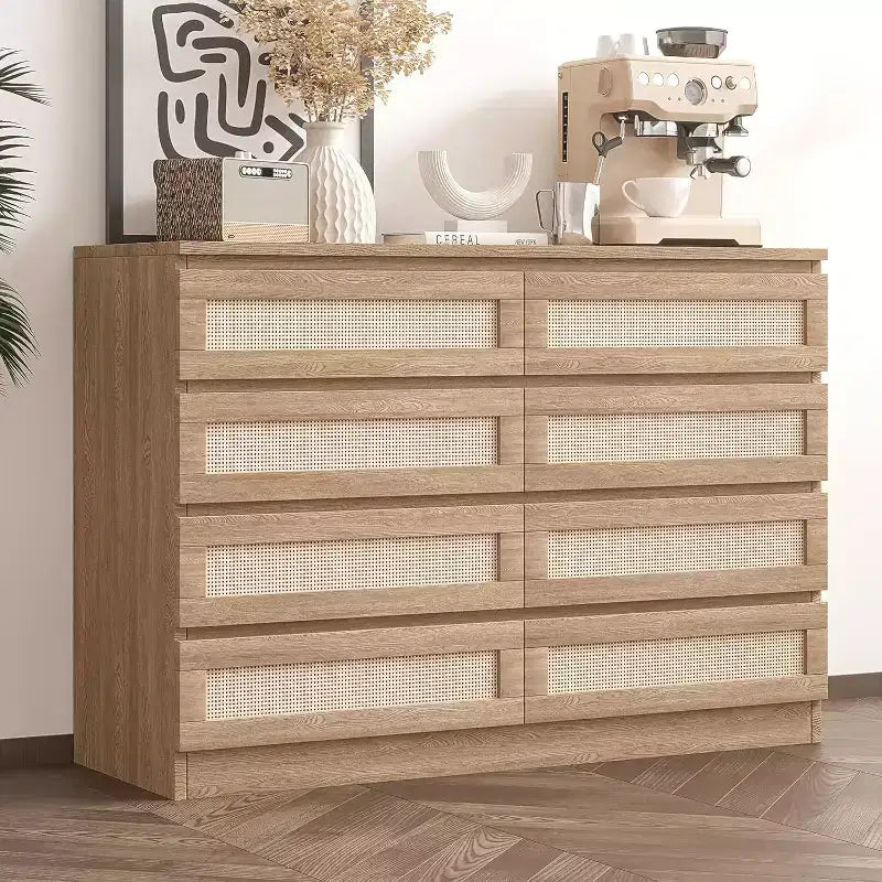 8 Drawer Dresser with Rattan Front, Wood Chest of Drawers for Bedroom