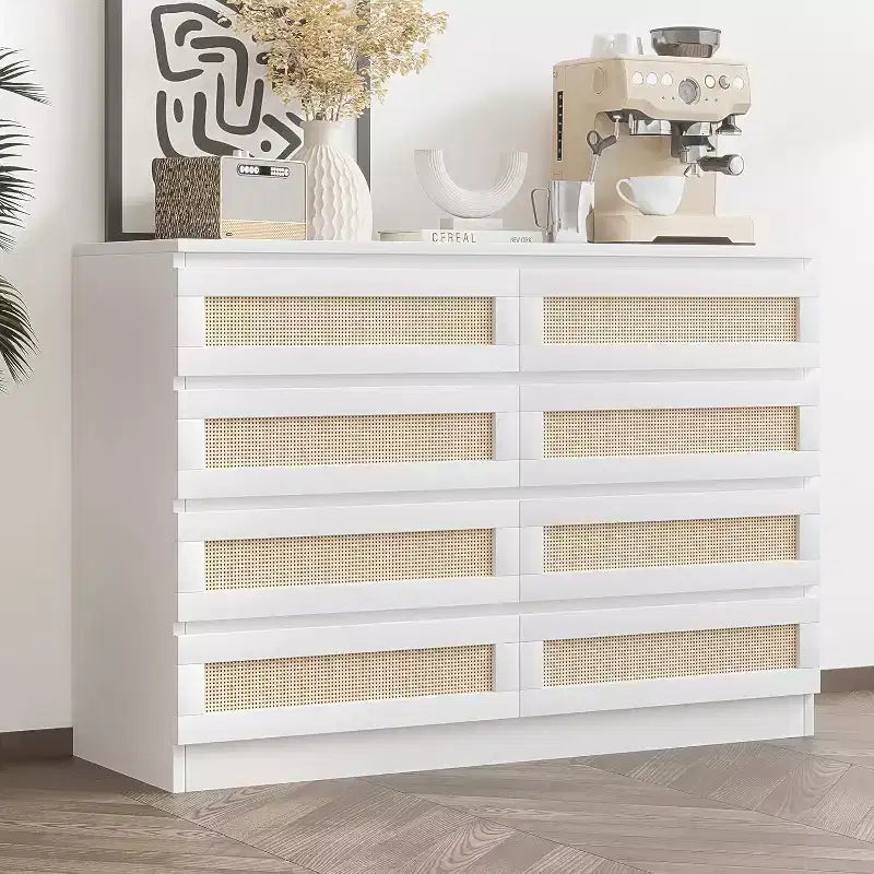 8 Drawer Dresser with Rattan Front, Wood Chest of Drawers for Bedroom