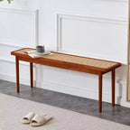 Acekool 47 Pure Wood Entryway Bench with Rattan Surface, Rounded Corners, Sturdy Frame for Living Room, Bedroom, Hallway, Walnut Finish