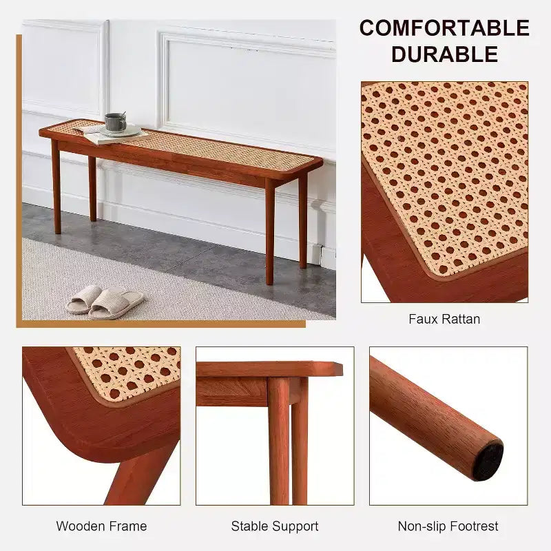 47" Wood & Rattan Entryway Bench with Rounded Corners – Walnut Finish