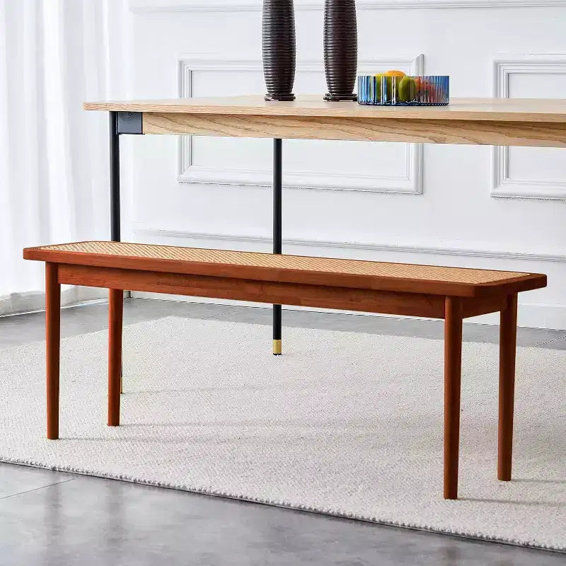 47" Wood & Rattan Entryway Bench with Rounded Corners – Walnut Finish