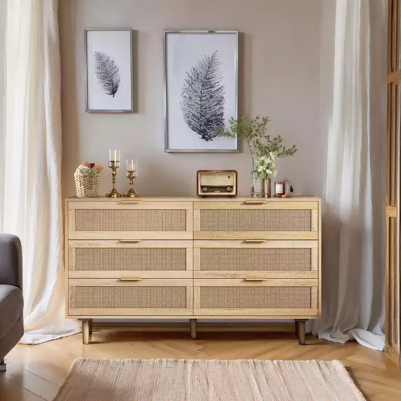 6-Drawer Dresser with Rattan Front Panels