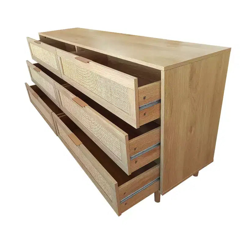 6-Drawer Dresser with Rattan Front Panels