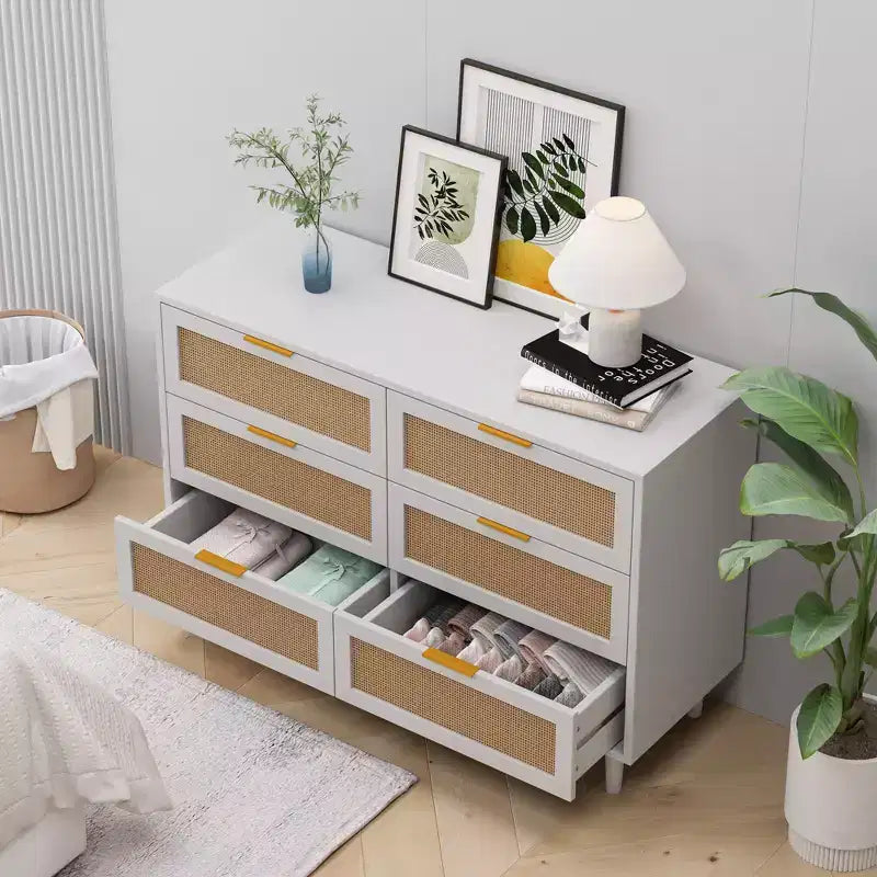 6-Drawer Dresser with Rattan Front Panels