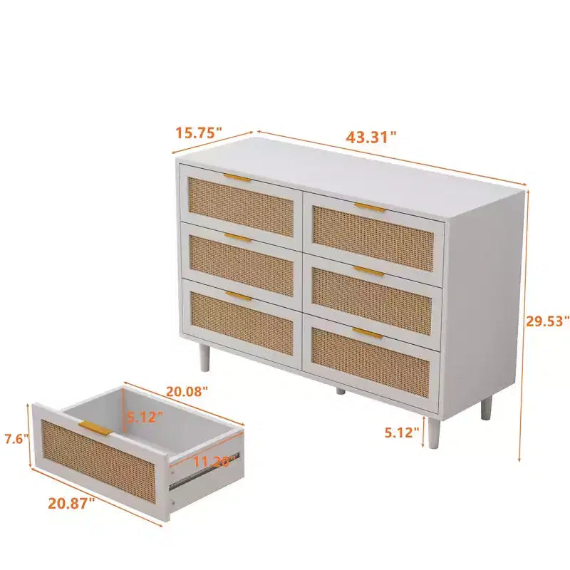 6-Drawer Dresser with Rattan Front Panels