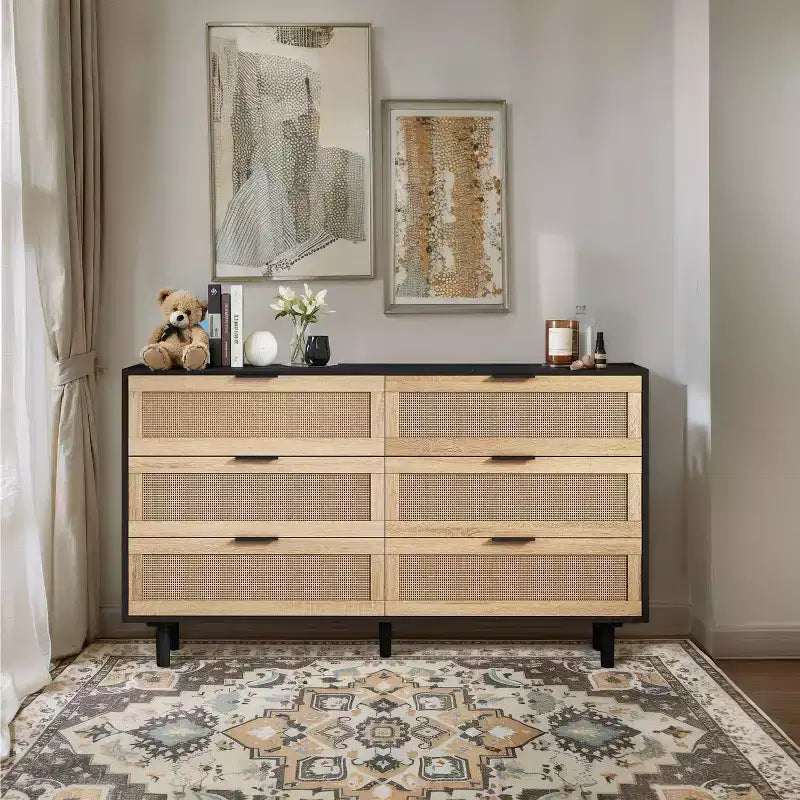 6-Drawer Dresser with Rattan Front Panels