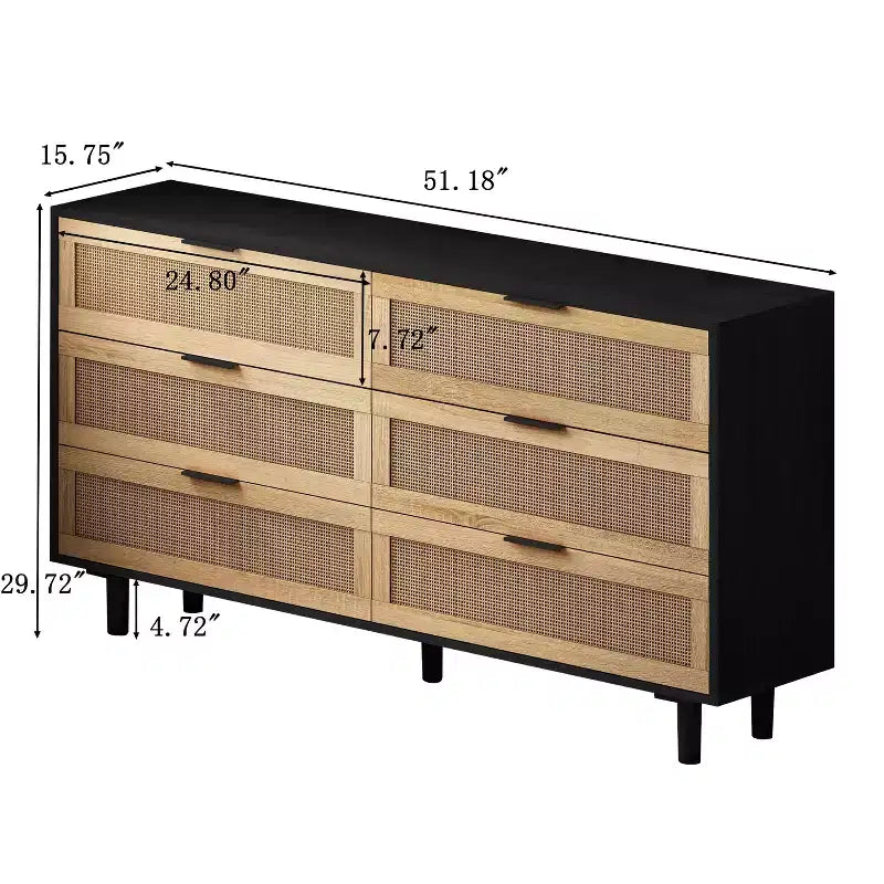 6-Drawer Dresser with Rattan Front Panels