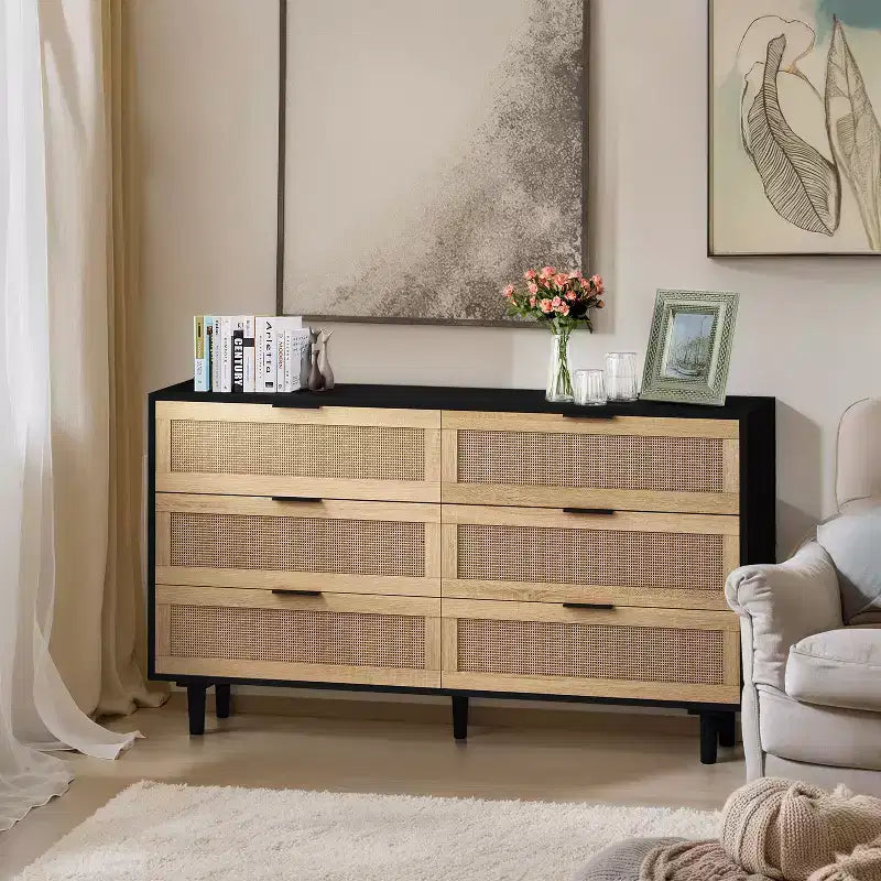 6-Drawer Dresser with Rattan Front Panels