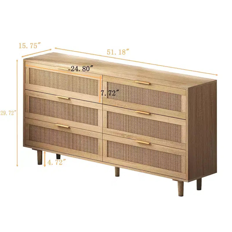 6-Drawer Dresser with Rattan Front Panels