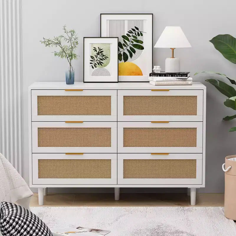 6-Drawer Dresser with Rattan Front Panels