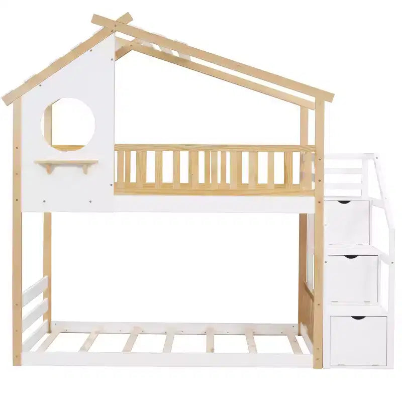 Twin-Over-Twin Stairway Bunk Bed with Storage Drawers and Guard Rail