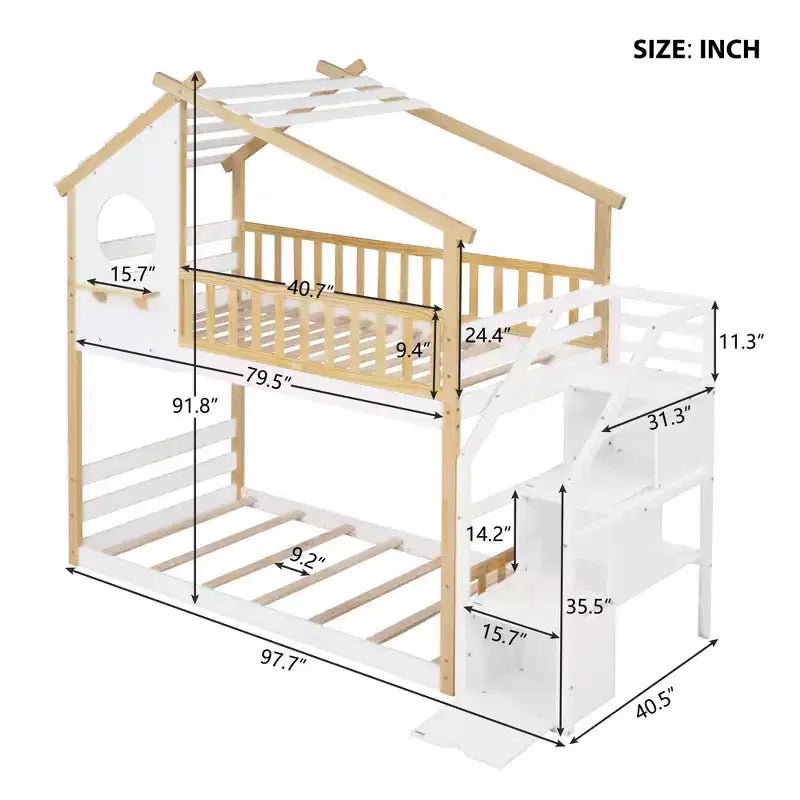 Twin-Over-Twin Stairway Bunk Bed with Storage Drawers and Guard Rail
