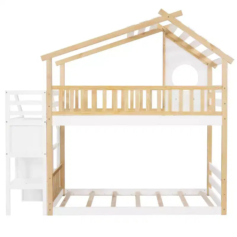Twin-Over-Twin Stairway Bunk Bed with Storage Drawers and Guard Rail