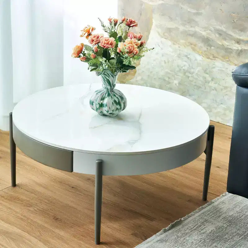 Round Ceramic Coffee Table with Drawers and Metal Legs