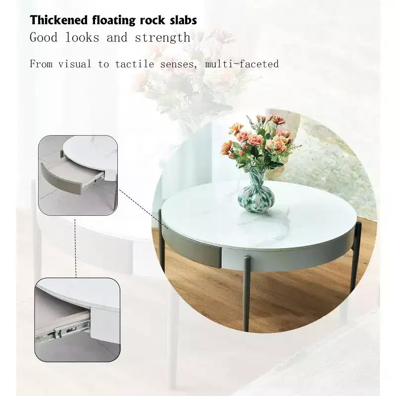 Round Ceramic Coffee Table with Drawers and Metal Legs