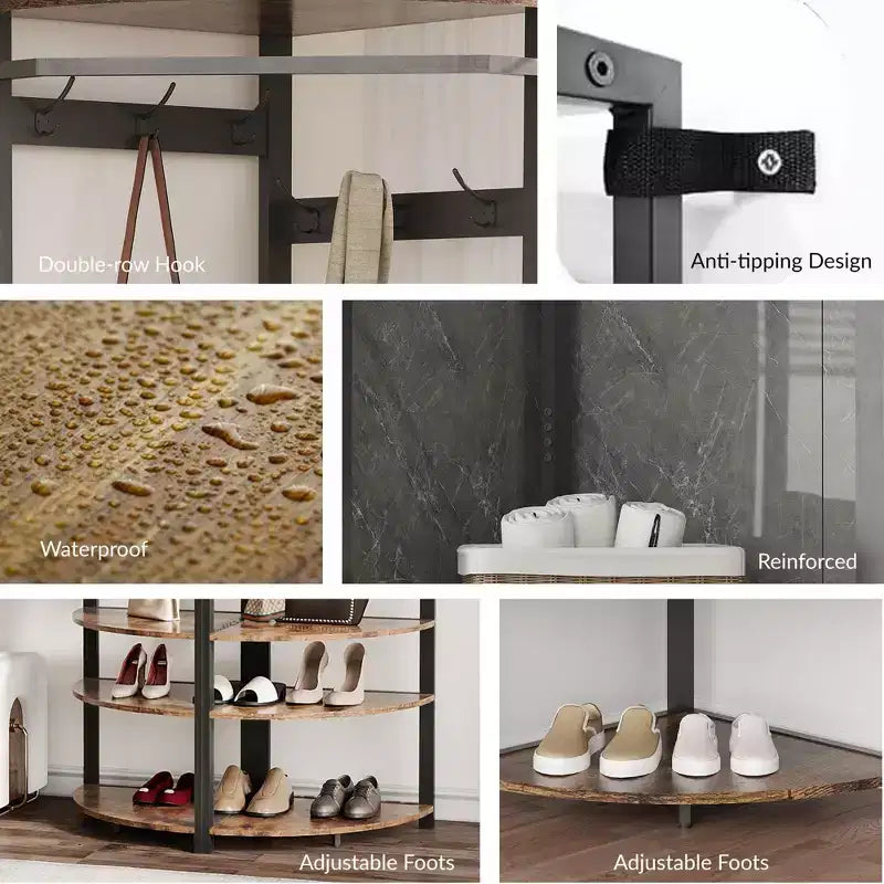 Corner Coat Rack with Shoe Bench and Storage Shelf