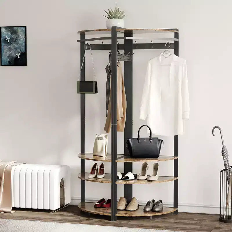 Corner Coat Rack with Shoe Bench and Storage Shelf