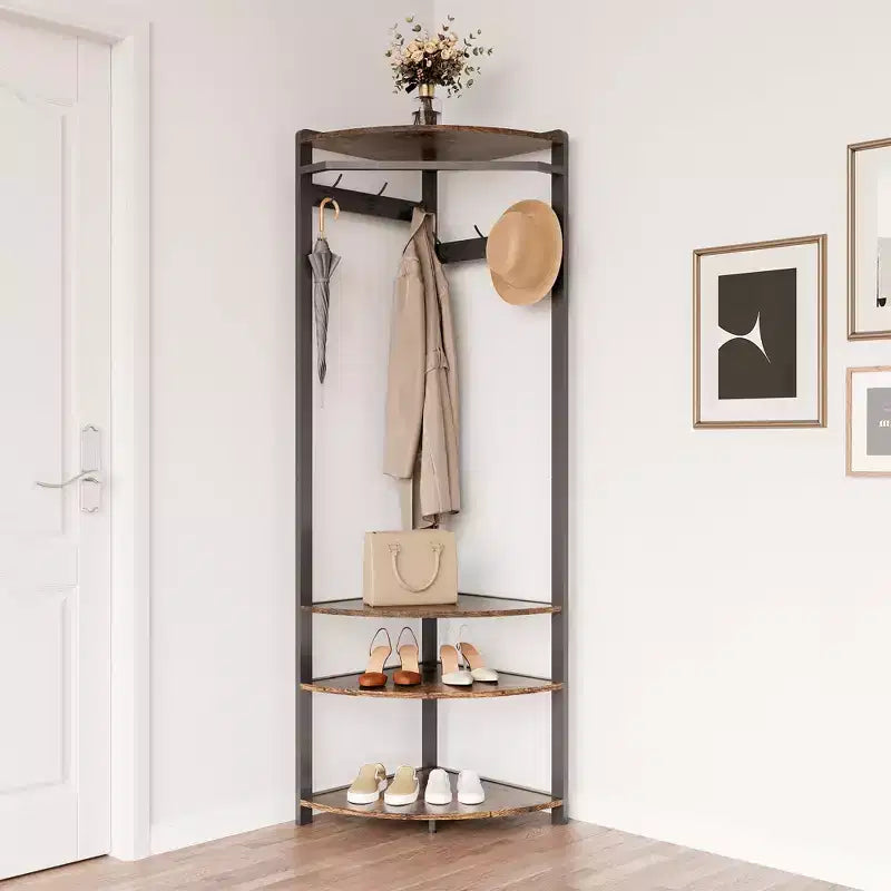 Corner Coat Rack with Shoe Bench and Storage Shelf