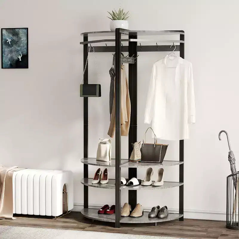 Corner Coat Rack with Shoe Bench and Storage Shelf