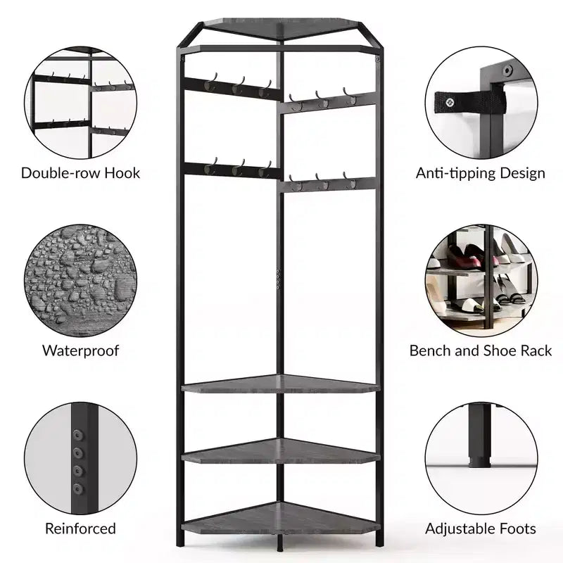 Corner Coat Rack with Shoe Bench and Storage Shelf