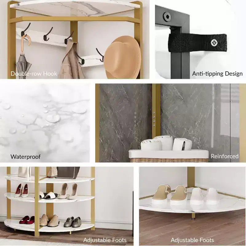 Corner Coat Rack with Shoe Bench and Storage Shelf