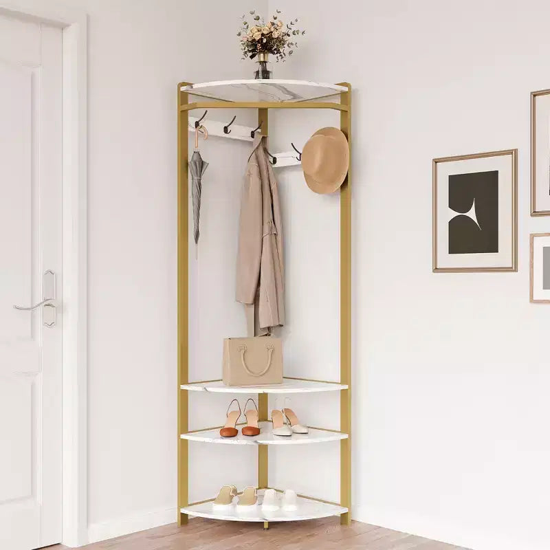 Corner Coat Rack with Shoe Bench and Storage Shelf