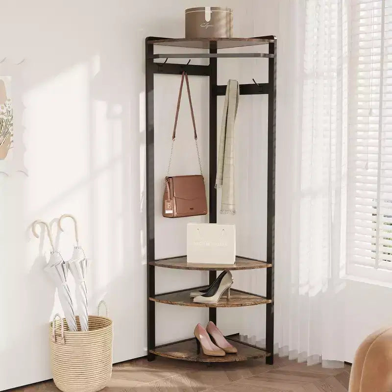 Corner Coat Rack with Shoe Bench and Storage Shelf