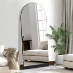 31 in. W x 71 in. H Full-Length Arched Wood Frame Wall Mirror with Striped Wooden Base in Black