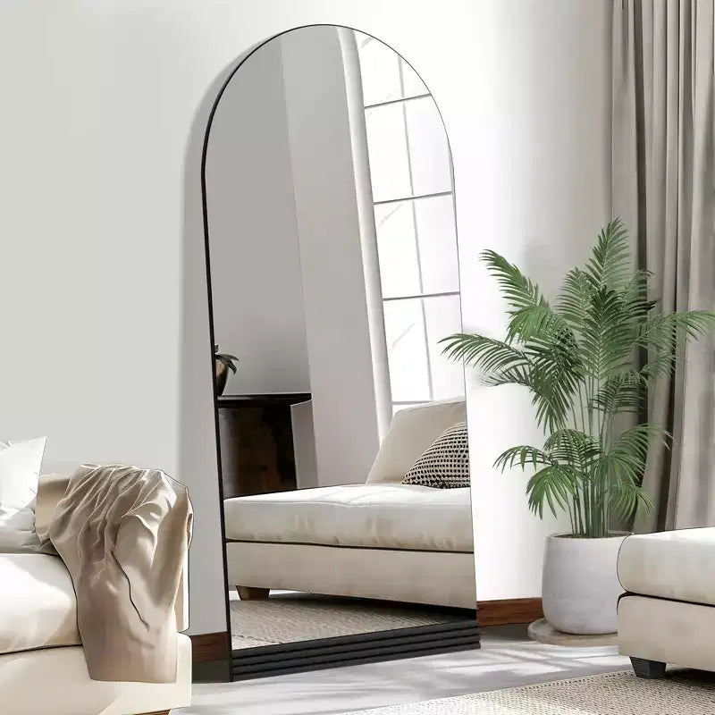 31 in. W x 71 in. H Full-Length Arched Wood Frame Wall Mirror with Striped Wooden Base in Black