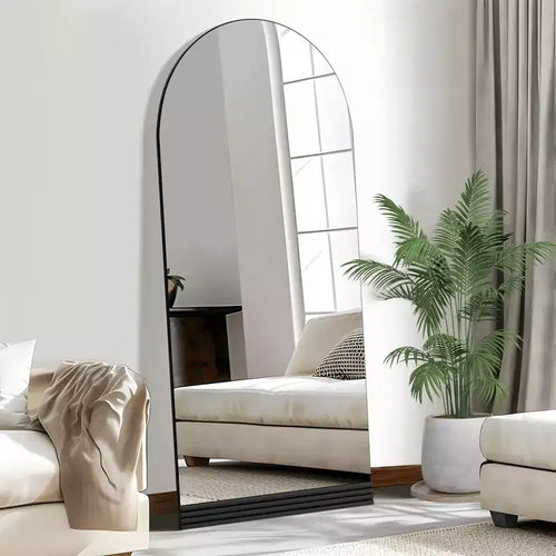 31 in. W x 71 in. H Full-Length Arched Wood Frame Wall Mirror with Striped Wooden Base in Black