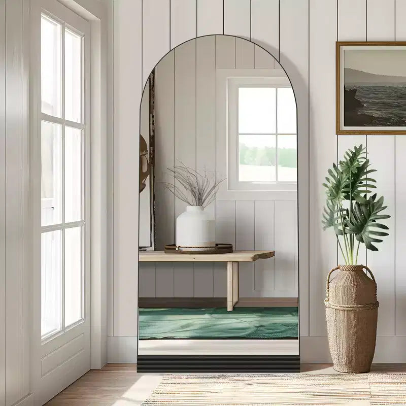 31 in. W x 71 in. H Full-Length Arched Wood Frame Wall Mirror with Striped Wooden Base in Black