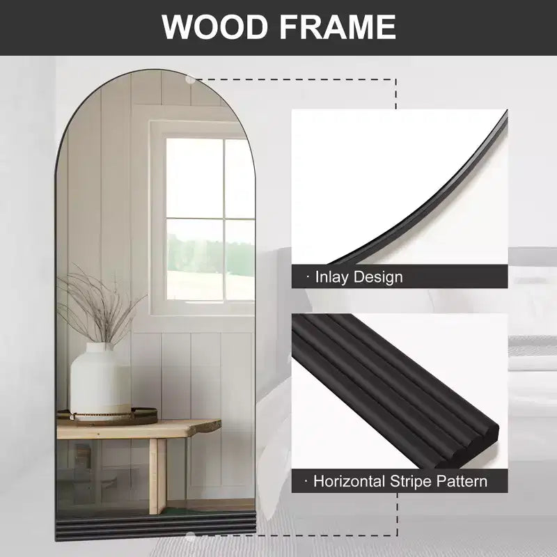 31 in. W x 71 in. H Full-Length Arched Wood Frame Wall Mirror with Striped Wooden Base in Black