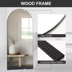 31 in. W x 71 in. H Full-Length Arched Wood Frame Wall Mirror with Striped Wooden Base in Black