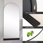 31 in. W x 71 in. H Full-Length Arched Wood Frame Wall Mirror with Striped Wooden Base in Black