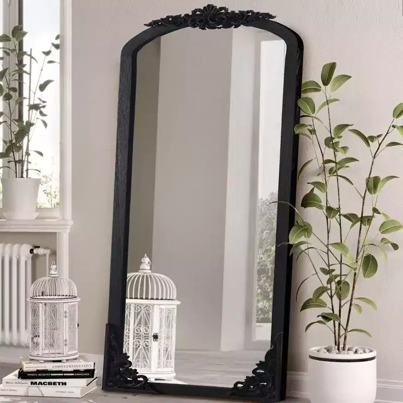 30 in. W x 69 in. H Arched Solid Wood Framed Full Length Mirror in Black