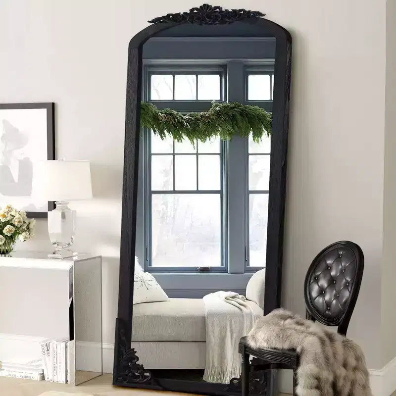 30 in. W x 69 in. H Arched Solid Wood Framed Full Length Mirror in Black