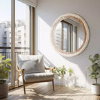 Round Wood Wall Mirror with Boho Bead Frame