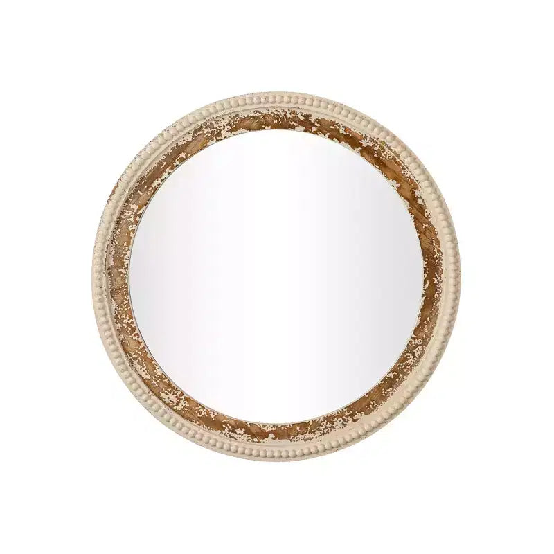 Round Wood Wall Mirror with Boho Bead Frame