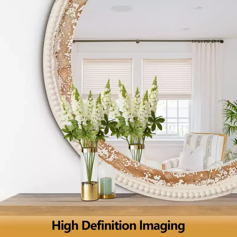 Round Wood Wall Mirror with Boho Bead Frame